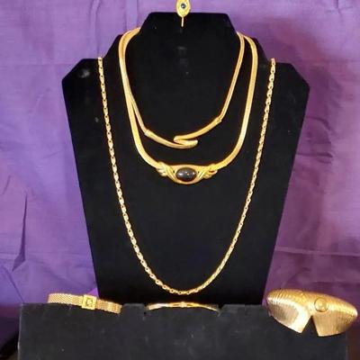 Monet Cuff Bracelet, Rhinestone Tube Bracelet, Marvella Pendant, Hat Pin Blue Gem