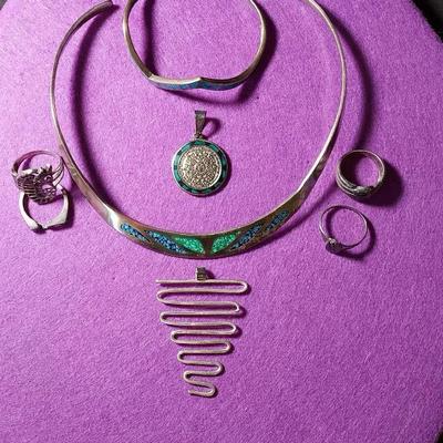 All 925 Turquoise Choker Taxco Pendant & Bracelet, Seahorse Ring Sz 8, “S” Motif Ring Sz 7