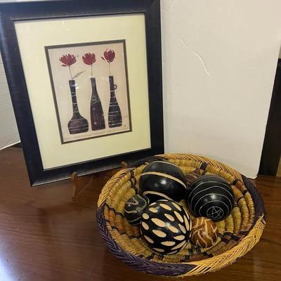 African Handmade Basket & Decor Balls (6), Framed Art Vases Flowers 