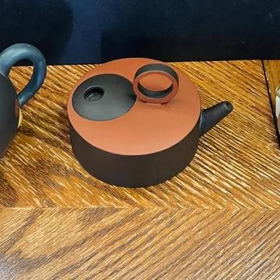 Yixing Style Pottery Teapots (3) Mushroom Modernist Inscription 