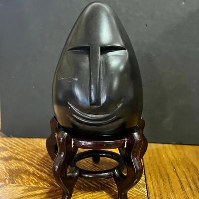 African Carved Stone Smile Face Black Egg Shaped Kenya w/ Stand 