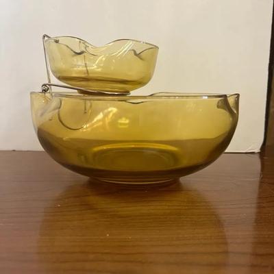Amber Glass Chip & Dip Bowl w/ Stand 