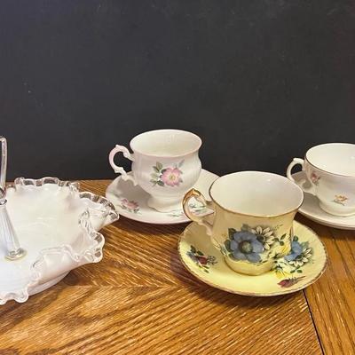 Silver Crest Milk Glass Ruffle Bowl Handle, 3 Teacups/Saucers Adderley Paragon Elizabethean 