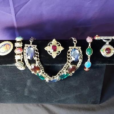 Gold Tone Chunk Gem Necklace, Mosaic Bracelet, Mosaic Brooch Italy, Scarab Bracelet 