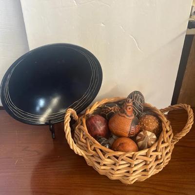 Wicker Woven Basket w/ Handles & Tribal Peru Gourds, Artisan Wood Black Bowl 