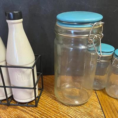 3 Locking Glass Canisters Large Small, Milk Cream Pottery Bottles w/metal Holder