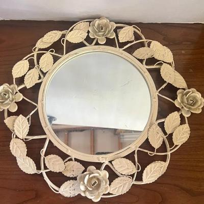 Metal Round Mirror Roses Leaves Cream Wall Hanging 