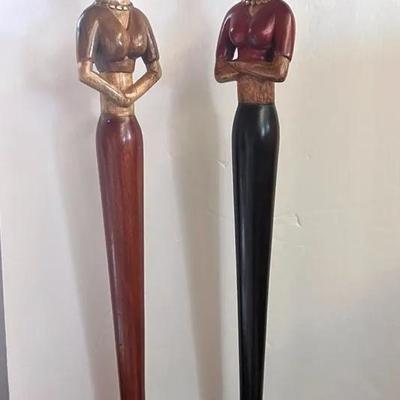Pier One Modernist Women Wood Carved Sculptures Abstract Pair