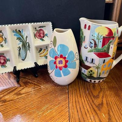 Ceramic Handpainted Divided Platter Italy, Large Flower Vase, Pier One Villa Del Sol Pitcher Jug