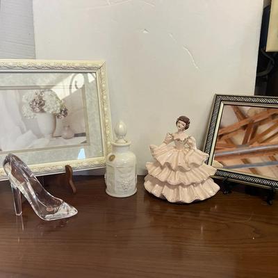 Victorian Style Framed Print Flowers, Ornate Square Mirror, Westmoreland Milk Glass Container