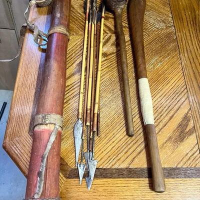 Tribal Bamboo Quiver w/ Arrows, Tribal Wood Club, African War Wood Club