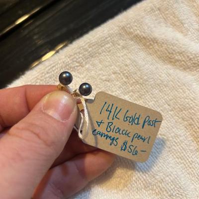 Sale Photo Thumbnail #233: 14KT gold post and black pearl stud earrings. $56. 