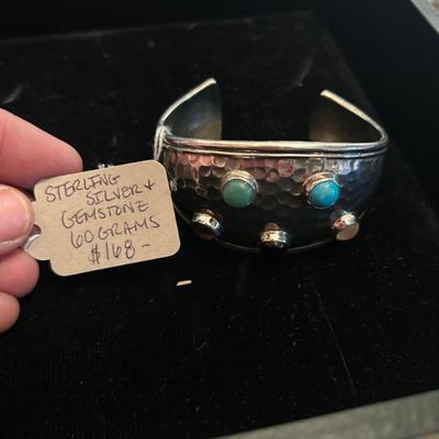 Sale Photo Thumbnail #205: Vintage Mexican sterling silver hammered silver and gemstone cuff, 60 grams. $168. 