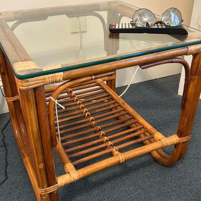 Sale Photo Thumbnail #442: Vintage mid century bamboo and rattan glass top table. $119. 