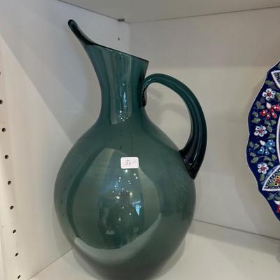 Sale Photo Thumbnail #396: Large hand blown glass pitcher. Possibly Murano. $36. 