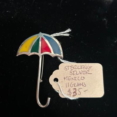 Sale Photo Thumbnail #214: Vintage Mexican sterling silver and enamel umbrella brooch. 11 grams, $35. 