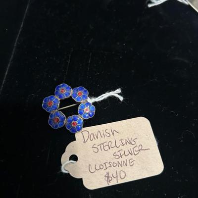 Sale Photo Thumbnail #222: Vintage Danish cloisonne and sterling siler brooch. $40. 