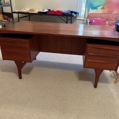 Sale Photo Thumbnail #21: Vintage mid century modern Danish solid teak partners desk. Back has flipping door that needs reattachment. 