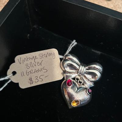 Sale Photo Thumbnail #209: CUTE! Vintage sterling silver heart pendant with gemstones brooch. 11 grams, $35. 
