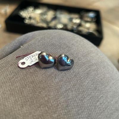 Sale Photo Thumbnail #232: Pair of vintage sterling silver heart earrings. 