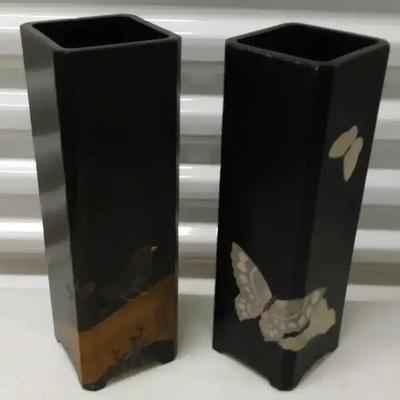 Pair of Black Lacquer-Style Asian Vases with Painted Accents
