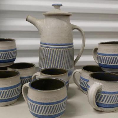 1983 Mud River Pottery Pitcher & Set of 12 Cups by Susan Maslowski