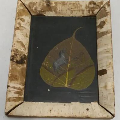 Painted Peepal Leaf Artwork in Natural Bark Frame