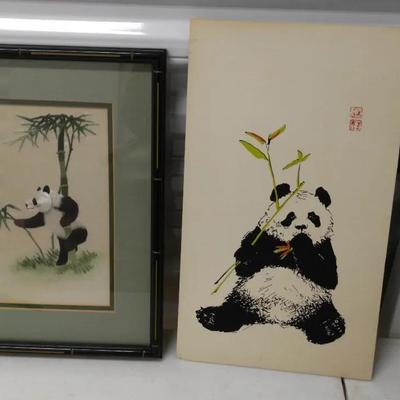 Pair of Panda-Themed Asian Art Pieces – Embroidered Silk & Painted Work