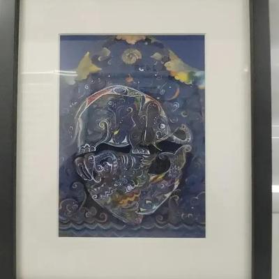 Framed Print with Intricate Blue Design (Japanese, or Aborigine?)