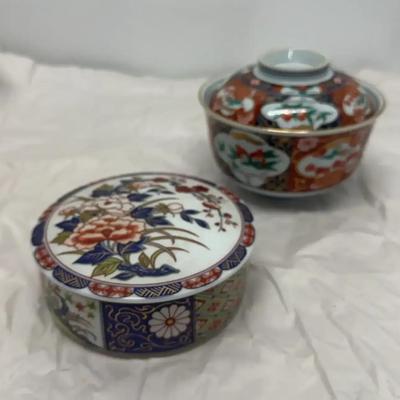 Pair of Hand-Painted Japanese Covered Dishes with Original Stickers