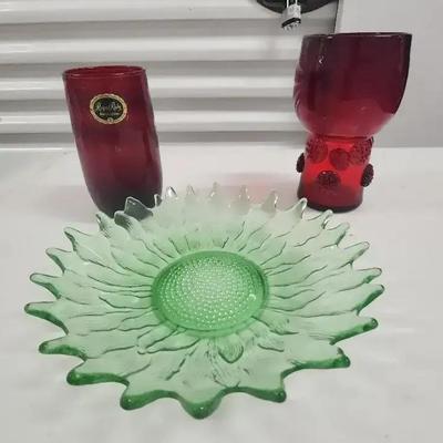 Assorted Collectible Glass – Ruby Red & Green Decorative Pieces