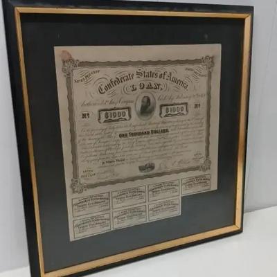 Framed Confederate States Loan Bond Certificate