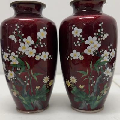 Pair of Ruby Red Japanese Cloisonné Floral Vases