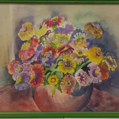 Colorful Watercolor “Flowers in Glass Vase” – Signed by A. Daugherty