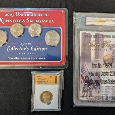 2001 Never Forget WCG Coin, 2007-S PR-70CAM SGS Dollar, & 2003 Uncirculated Kennedy & Sacagawea