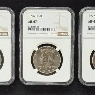 3 NGC Kennedy Halves 1971-D, 1997-P MS-66, 1996-D MS-67