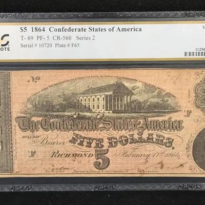 $5 1864 PCGS Confederate States America Note VF-25