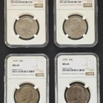 4 NGC Graded Kennedy MS-65 Halves 1972-D, 1973-D, 1974-P and 1979-P