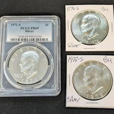 1971-S Proof PCGS, 1973-S, and 1976-S Silver BU Eisenhower Dollars