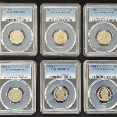 6 PCGS High Grade Proof Jefferson Nickels, 1976, 77, 78 and 1983-S, 84-S, 85-S, All PR69 DCAM