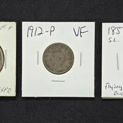 1858 Flying Eagle Cent, 1912-P Liberty "V" Nickel VF & 1893 Silver Columbian Commemorative Half
