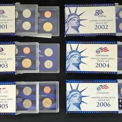 6 US Mint Proof Sets 2001-2006, Sets Include Statehood Quarters, All Original 