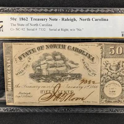 PCGS Graded 1862 Fifty Cent Raleigh North Carolina Treasury Note AU-53