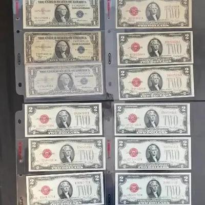 12 1928 $2.00 Red Seal Notes, 4 $1.00 Silver Certificates 