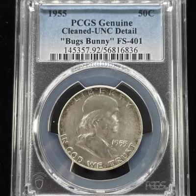 1955-P PCGS Silver Franklin Half "Bugs Bunny" Variety UNC