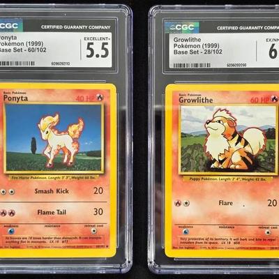 1999 CGC Graded Growlithe and Ponyta, 2 Pokémon Base Set Cards