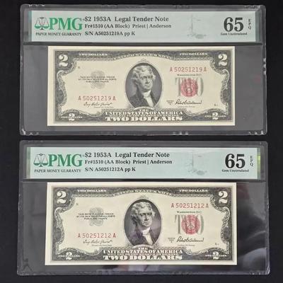 2 1953-A $2.00 Red Seal Notes PMG Graded MS-65 EPQ