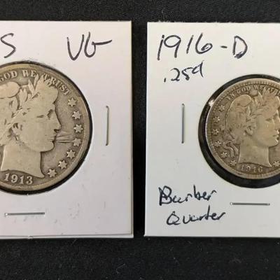 1916-D 24 Cent Barber Silver Quarter & 1913-S Barber Half Silver Dollar