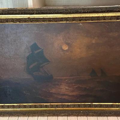 Framed Moonlit Seascape Painting 
