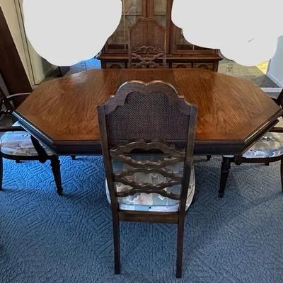 Vintage Walter Of Wabash Dining Table With Six Cane Back Chairs And Extra Leaf